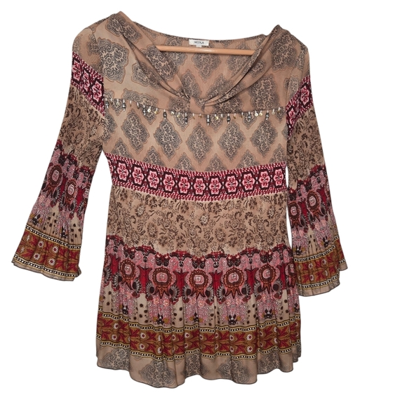 Nicola Womens Boho Chic Mixed Print Pleated Beaded Bell Sleeves Blouse Medium - Picture 1 of 8